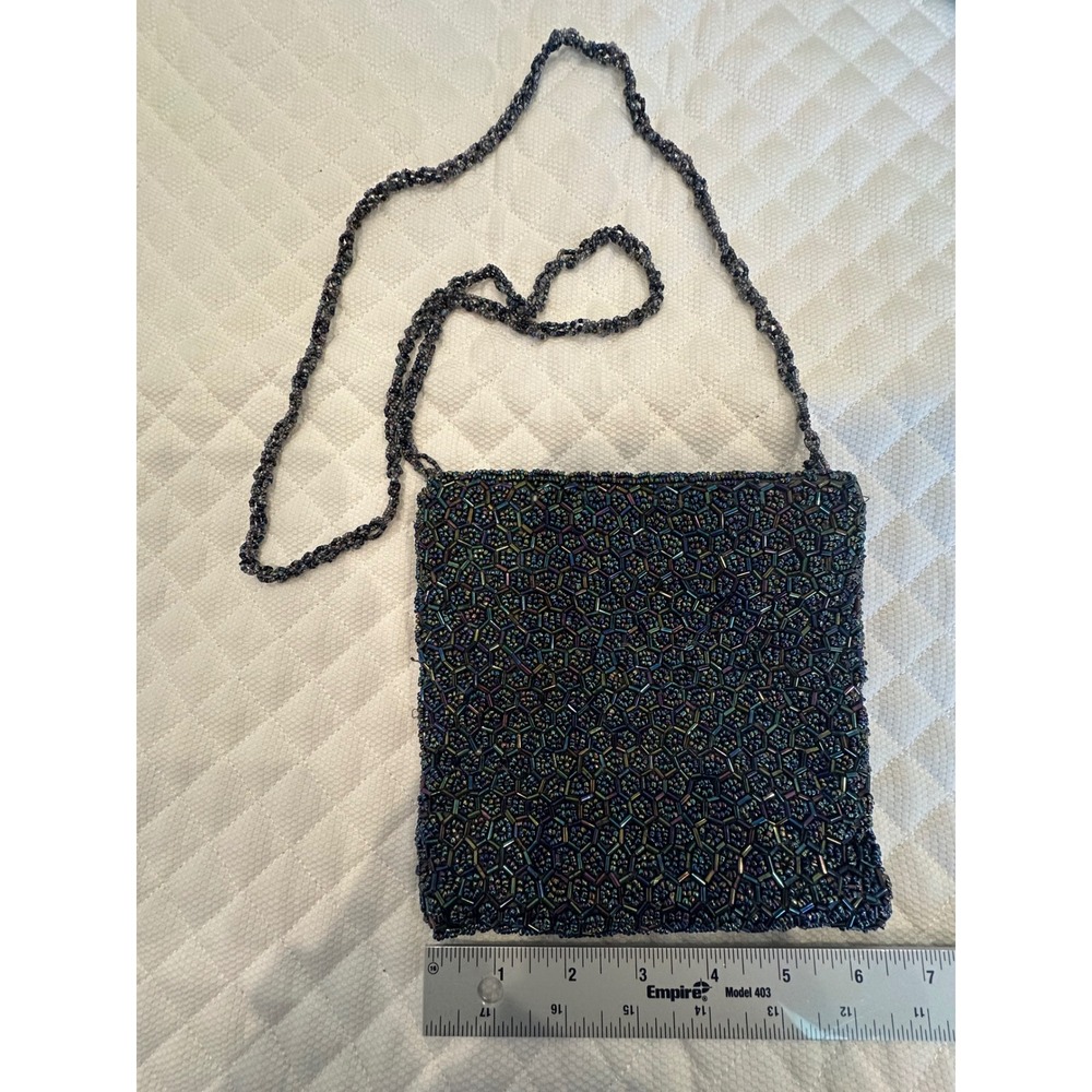 Iridescent Beaded Crossbody Bag Geometric Oil Slick Evening Purse Blue